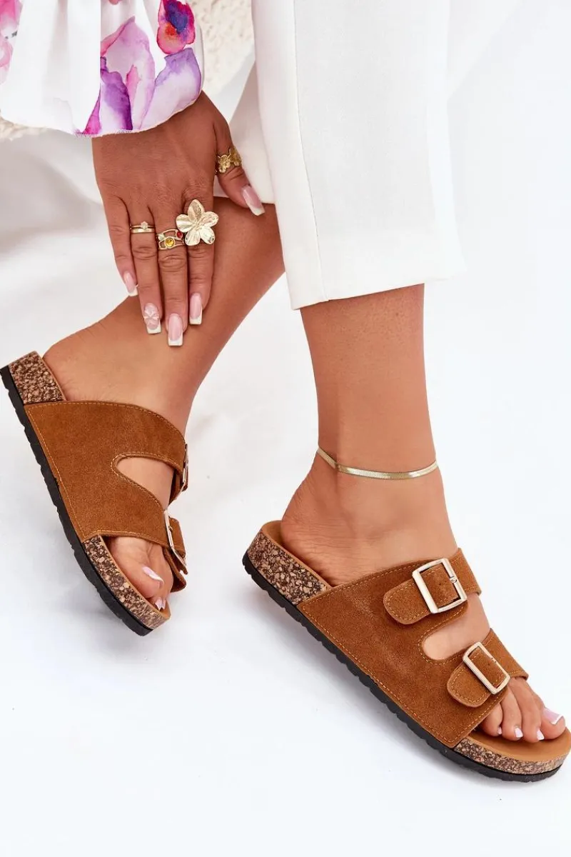 Clearance Klapki Damskie Ze Złotymi Klamrami I Przeszyciami Camel Lunera Damskie Klapki Korkowe|Klapki Damskie Klasyczne