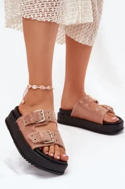 Sale Boto Klapki Damskie Ze Złotymi Klamrami Na Platformie Beżowe Virvania Beżowy