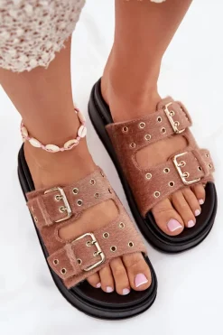 Sale Boto Klapki Damskie Ze Złotymi Klamrami Na Platformie Beżowe Virvania Beżowy