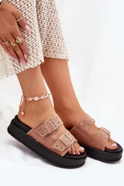 Sale Boto Klapki Damskie Ze Złotymi Klamrami Na Platformie Beżowe Virvania Beżowy