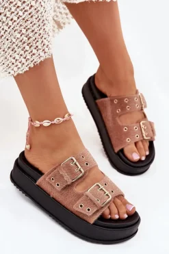 Sale Boto Klapki Damskie Ze Złotymi Klamrami Na Platformie Beżowe Virvania Beżowy