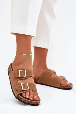 Hot Klapki Damskie Ze Złotymi Klamrami I Przeszyciami Jasnobrązowe Lunera Damskie Klapki Korkowe|Klapki Damskie Klasyczne