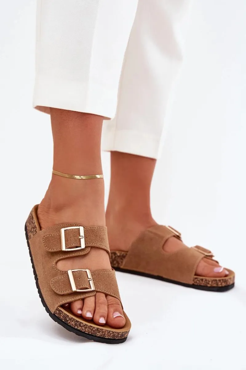 Hot Klapki Damskie Ze Złotymi Klamrami I Przeszyciami Jasnobrązowe Lunera Damskie Klapki Korkowe|Klapki Damskie Klasyczne