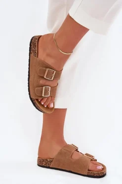 Hot Klapki Damskie Ze Złotymi Klamrami I Przeszyciami Jasnobrązowe Lunera Damskie Klapki Korkowe|Klapki Damskie Klasyczne