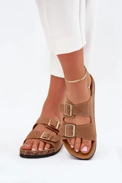 Hot Klapki Damskie Ze Złotymi Klamrami I Przeszyciami Jasnobrązowe Lunera Damskie Klapki Korkowe|Klapki Damskie Klasyczne