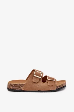 Hot Klapki Damskie Ze Złotymi Klamrami I Przeszyciami Jasnobrązowe Lunera Damskie Klapki Korkowe|Klapki Damskie Klasyczne