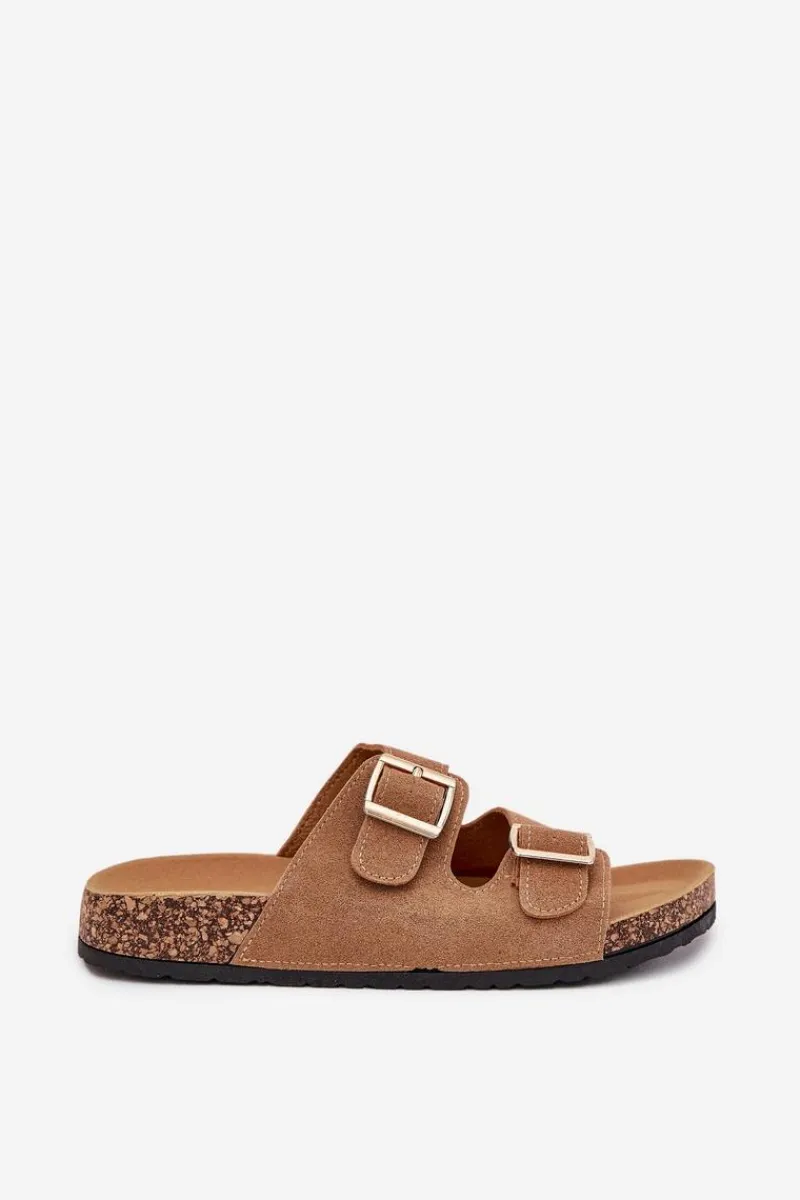 Hot Klapki Damskie Ze Złotymi Klamrami I Przeszyciami Jasnobrązowe Lunera Damskie Klapki Korkowe|Klapki Damskie Klasyczne