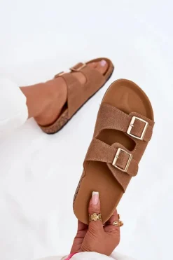 Hot Klapki Damskie Ze Złotymi Klamrami I Przeszyciami Jasnobrązowe Lunera Damskie Klapki Korkowe|Klapki Damskie Klasyczne