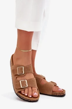 Hot Klapki Damskie Ze Złotymi Klamrami I Przeszyciami Jasnobrązowe Lunera Damskie Klapki Korkowe|Klapki Damskie Klasyczne