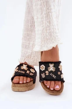 Hot Klapki Damskie Ze Złotymi Przypinkami Na Platformie Czarne Rigasta Damskie Klapki Na Platformie|Klapki Damskie Klasyczne