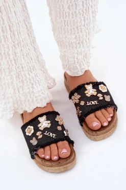 Hot Klapki Damskie Ze Złotymi Przypinkami Na Platformie Czarne Rigasta Damskie Klapki Na Platformie|Klapki Damskie Klasyczne