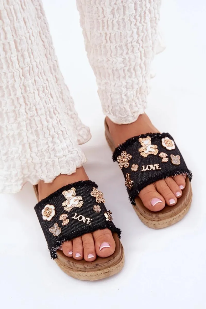 Hot Klapki Damskie Ze Złotymi Przypinkami Na Platformie Czarne Rigasta Damskie Klapki Na Platformie|Klapki Damskie Klasyczne