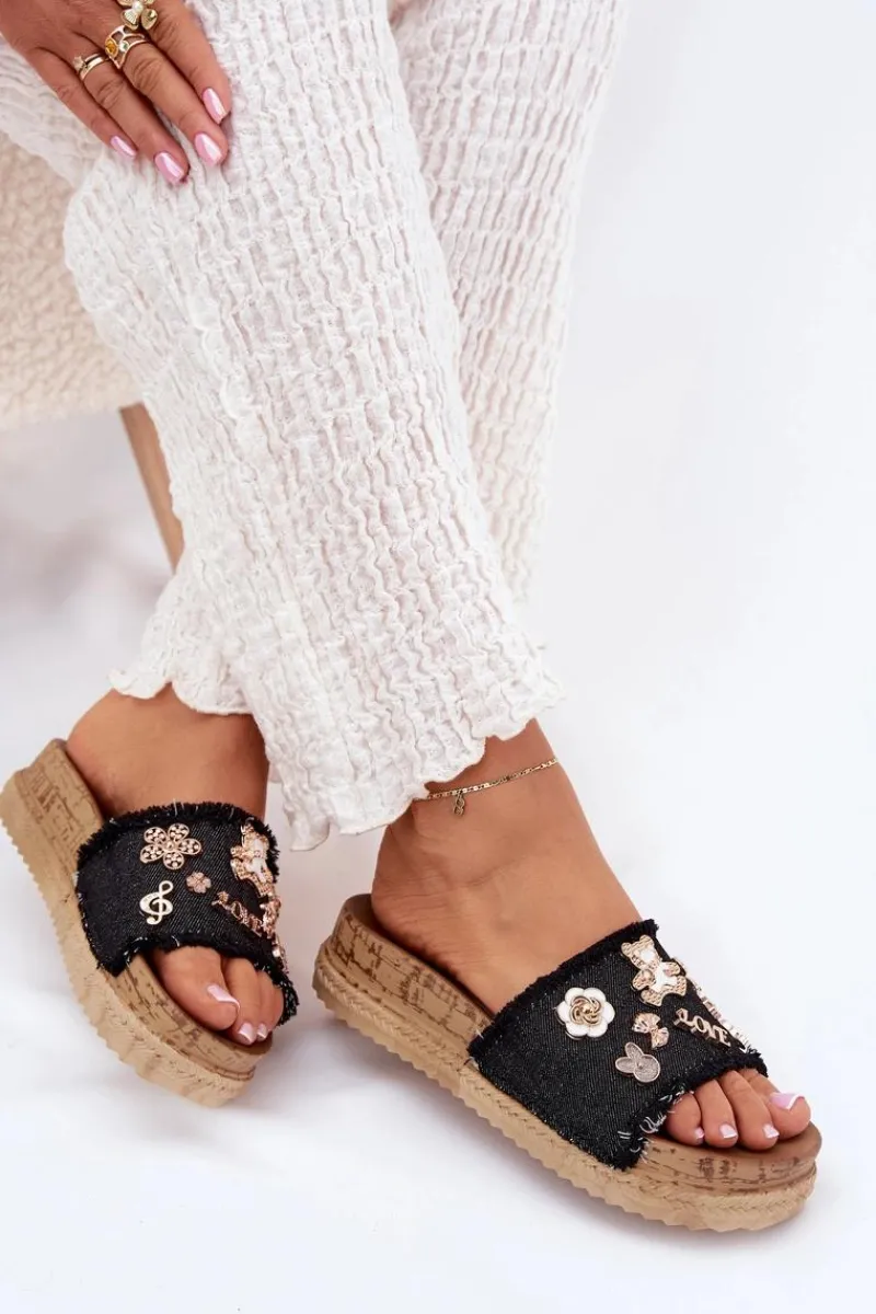 Hot Klapki Damskie Ze Złotymi Przypinkami Na Platformie Czarne Rigasta Damskie Klapki Na Platformie|Klapki Damskie Klasyczne