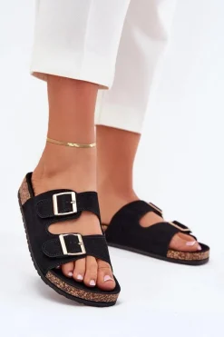 Klapki Korkowe|Klapki Damskie Klasyczne>Boto Klapki Damskie Ze Złotymi Klamrami I Przeszyciami Czarne Lunera Czarny