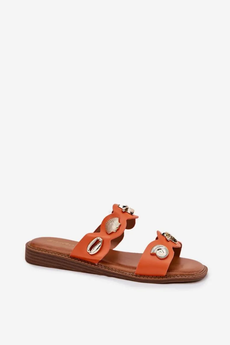 Klapki Damskie Klasyczne>Boto Klapki Damskie Ze Złotymi Przypinkami Pomarańczowe Jenoriela Pomarańczowy