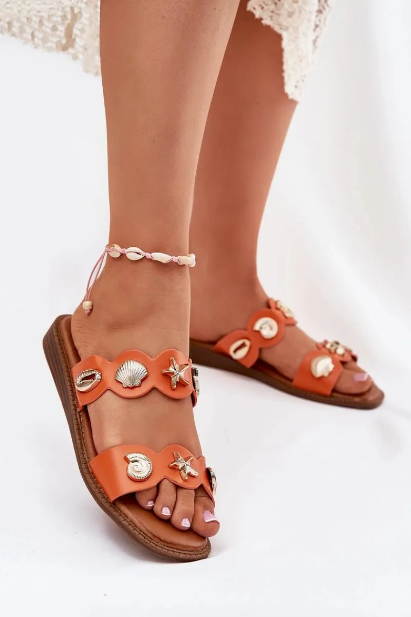 Klapki Damskie Klasyczne>Boto Klapki Damskie Ze Złotymi Przypinkami Pomarańczowe Jenoriela Pomarańczowy