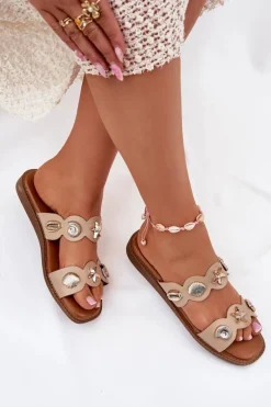 Outlet Klapki Damskie Ze Złotymi Przypinkami Beżowe Jenoriela Damskie Klapki Damskie Klasyczne