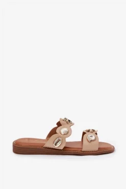 Outlet Klapki Damskie Ze Złotymi Przypinkami Beżowe Jenoriela Damskie Klapki Damskie Klasyczne