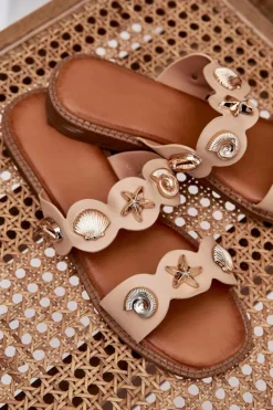 Outlet Klapki Damskie Ze Złotymi Przypinkami Beżowe Jenoriela Damskie Klapki Damskie Klasyczne