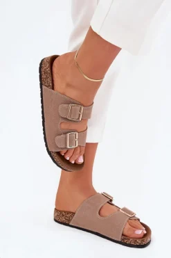 Online Boto Klapki Damskie Ze Złotymi Klamrami I Przeszyciami Khaki Lunera Beżowy