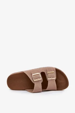 Online Boto Klapki Damskie Ze Złotymi Klamrami I Przeszyciami Khaki Lunera Beżowy