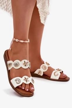 Discount Boto Klapki Damskie Ze Złotymi Przypinkami Białe Jenoriela Biały