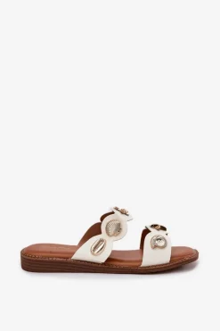 Discount Boto Klapki Damskie Ze Złotymi Przypinkami Białe Jenoriela Biały