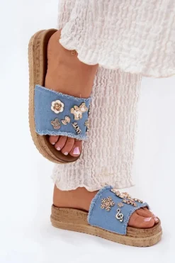 Clearance Klapki Damskie Ze Złotymi Przypinkami Na Platformie Niebieskie Rigasta Damskie Klapki Na Platformie|Klapki Damskie Klasyczne