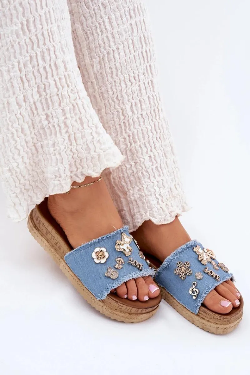 Clearance Klapki Damskie Ze Złotymi Przypinkami Na Platformie Niebieskie Rigasta Damskie Klapki Na Platformie|Klapki Damskie Klasyczne