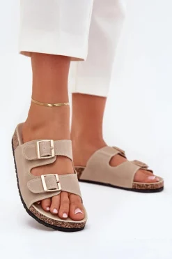 Klapki Korkowe|Klapki Damskie Klasyczne>Boto Klapki Damskie Ze Złotymi Klamrami I Przeszyciami Beżowe Lunera