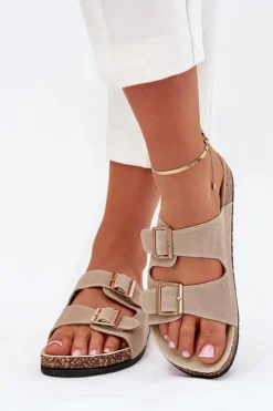 Klapki Korkowe|Klapki Damskie Klasyczne>Boto Klapki Damskie Ze Złotymi Klamrami I Przeszyciami Beżowe Lunera