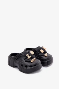 Boto Klapki Dziecięce Dziewczęce Piankowe Z Kokardką I Ozdobami Czarne Selvana Czarny