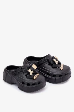 Boto Klapki Dziecięce Dziewczęce Piankowe Z Kokardką I Ozdobami Czarne Selvana Czarny