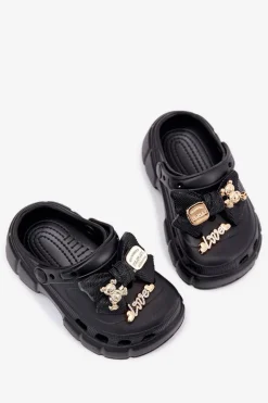 Boto Klapki Dziecięce Dziewczęce Piankowe Z Kokardką I Ozdobami Czarne Selvana Czarny