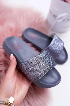 Best Big Star Shoes Klapki Dziecięce Młodzieżowe Big Star Szare Brokatowe AA374087