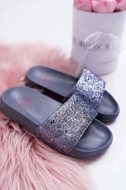 Best Big Star Shoes Klapki Dziecięce Młodzieżowe Big Star Szare Brokatowe AA374087