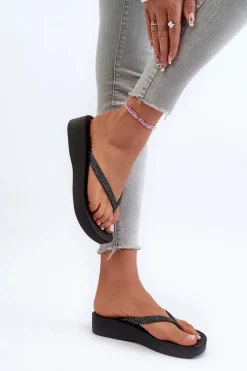 Sale Klapki Japonki Damskie Z Brokatowym Paskiem 83386 Mesh Chic Plat Fem Czarne Damskie Klapki Damskie Japonki