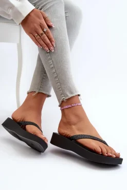 Sale Klapki Japonki Damskie Z Brokatowym Paskiem 83386 Mesh Chic Plat Fem Czarne Damskie Klapki Damskie Japonki