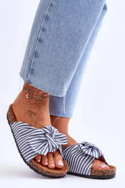 New Boto Klapki Na Korkowej Platformie W Paski Biało-Niebieskie Festive