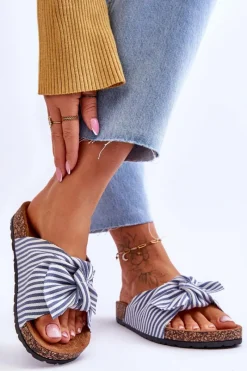 New Boto Klapki Na Korkowej Platformie W Paski Biało-Niebieskie Festive