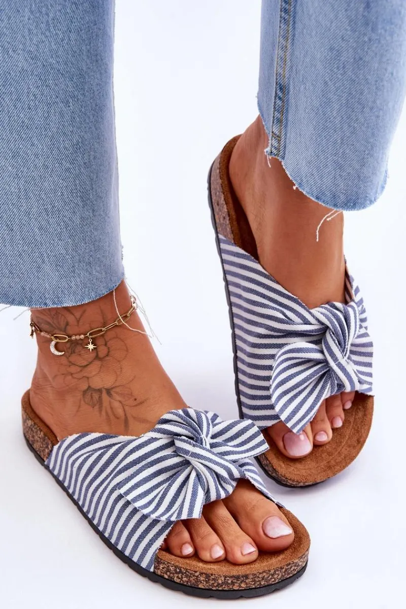 New Boto Klapki Na Korkowej Platformie W Paski Biało-Niebieskie Festive