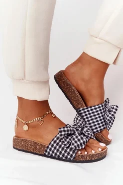 Online Klapki Na Korkowej Podeszwie Z Kokardą W Kratę Amara Damskie Klapki Korkowe|Klapki Damskie Klasyczne