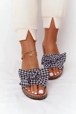 Online Klapki Na Korkowej Podeszwie Z Kokardą W Kratę Amara Damskie Klapki Korkowe|Klapki Damskie Klasyczne