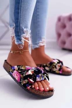 Clearance Boto Klapki Na Korkowej Podeszwie Czarne W Kwiaty Wendy