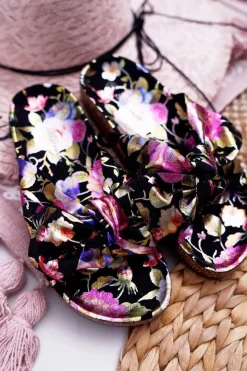 Clearance Boto Klapki Na Korkowej Podeszwie Czarne W Kwiaty Wendy