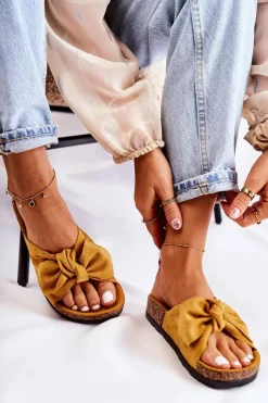 New Klapki Na Korkowej Podeszwie Ciemne Żółte Wendy Damskie Klapki Korkowe|Klapki Damskie Klasyczne