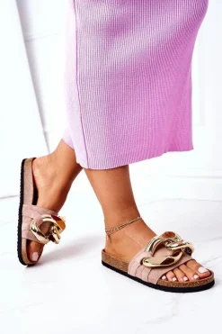 Discount Damskie buty S.Barski Klapki Na Korku Z Łańcuchem S.Barski SB001 Beżowe