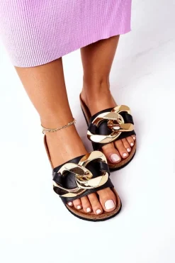 Outlet Klapki Na Korku Z Łańcuchem S.Barski SB002 Czarne Damskie Klapki Korkowe|Klapki Damskie Klasyczne