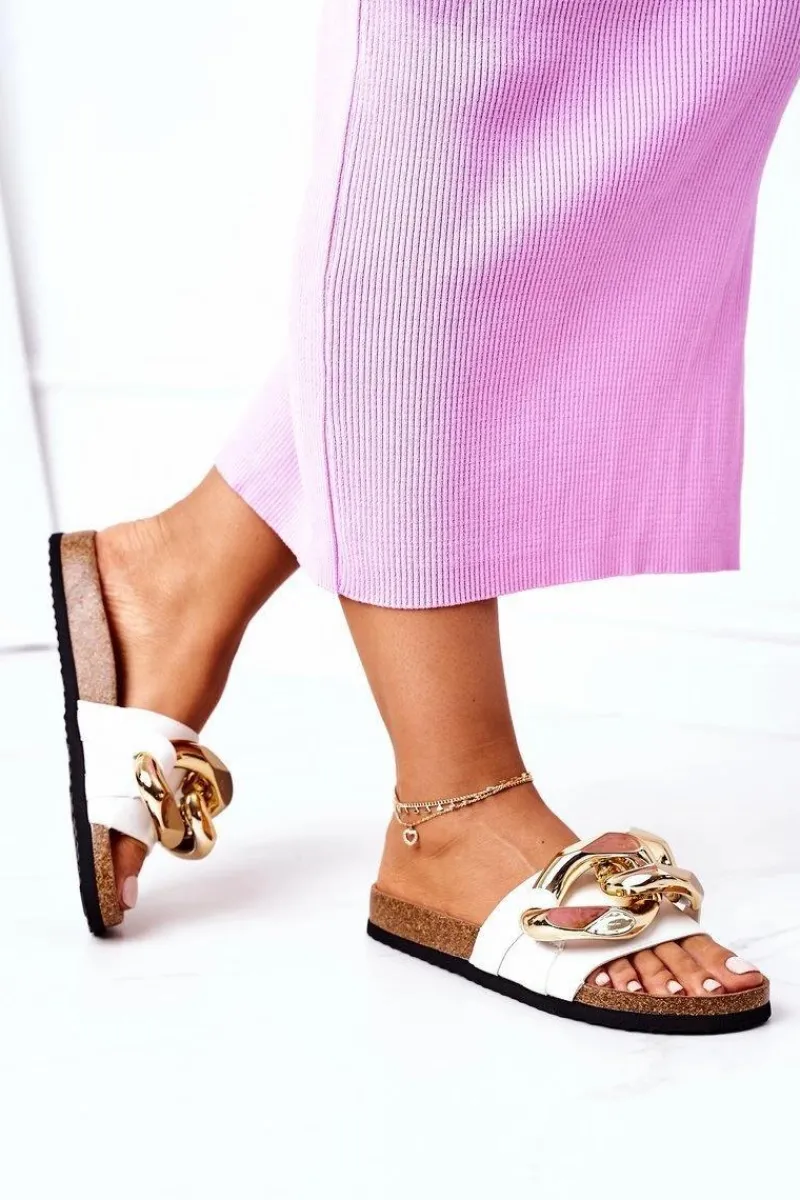 Klapki Korkowe|Klapki Damskie Klasyczne>Damskie buty S.Barski Klapki Na Korku Z Łańcuchem S.Barski SB002 Białe Biały