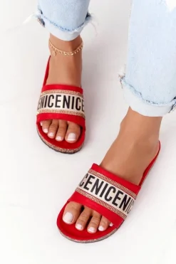 Klapki Korkowe|Klapki Damskie Klasyczne>Evento Klapki Na Korku Z Cyrkoniami Czerwone Be Nice